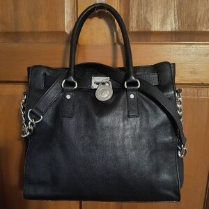 MICHAEL KORS "Hamilton" Black Saffinao Leather Silver Tone Large Shoulder Bag